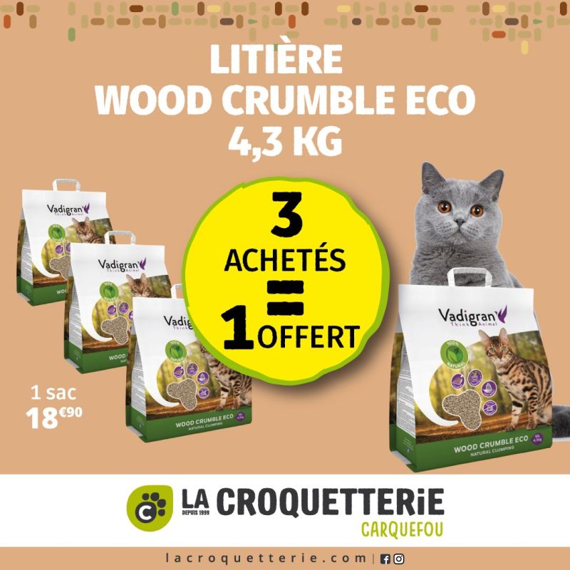 OFFRE SPÉCIALE LITIÈRE VADIGRAN WOOD CRUMBLE ECO 4,3 KG